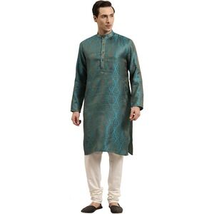 MSRP $80 Sojanya Men's M Teal Blue & Gold Cotton Linen Foil Printed Long Kurta
